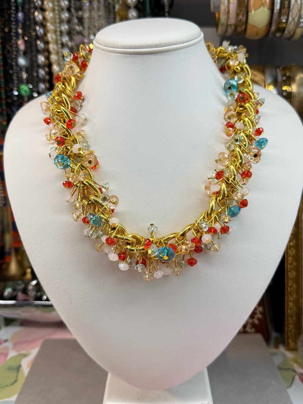 Boutique Gold Chain Necklace with Blue, Red and Clear Glass Beads